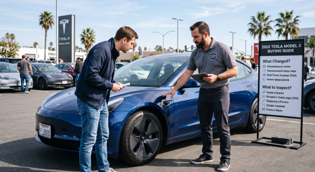 Buyer and Tesla.tl specialist inspecting a blue 2020 Tesla Model 3 on the dealership lot beside a detailed buying-guide stand. The stand lists 2020 upgrades — refreshed interior, increased range, heat pump, new headlights — and inspection checkpoints: body, paint, battery SOH, suspension, panel gaps, and touchscreen