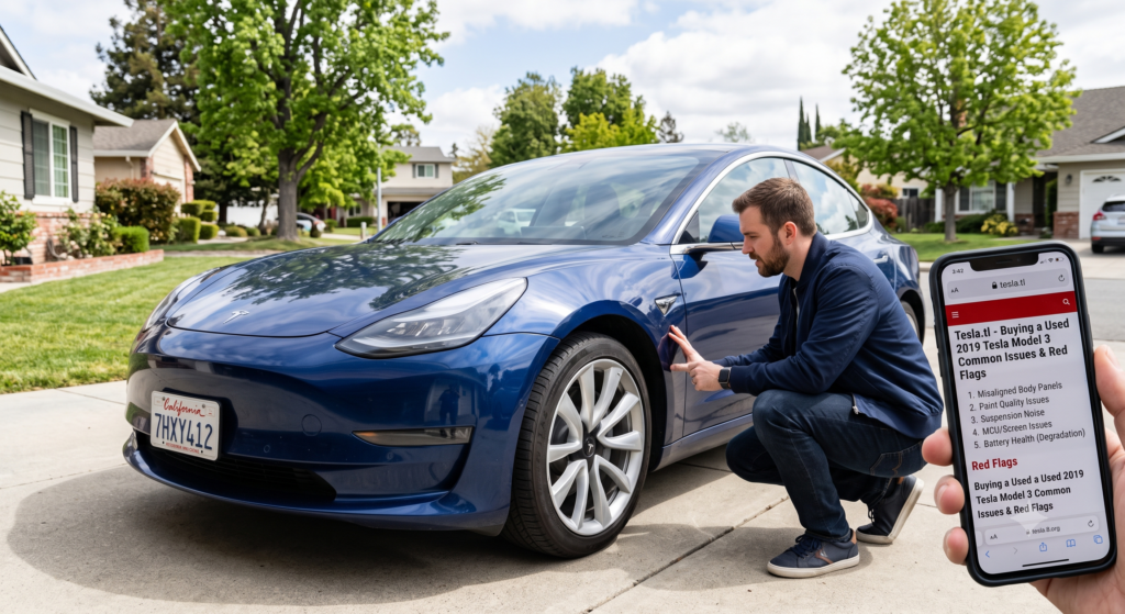 Buyer inspecting a used 2019 blue Tesla Model 3 for common issues and red flags in a suburban driveway. A man crouches beside the front fender checking for misaligned body panels while a smartphone displays the Tesla.tl guide listing misaligned panels, paint quality, suspension noise, MCU/screen issues, and battery degradation