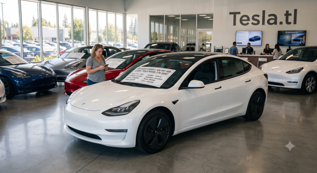Shopper browsing certified pre-owned Tesla Model 3 sedans inside the bright Tesla.tl showroom, comparing printed price sheets on the windshields of a white, red, blue, and gray lineup. The Tesla.tl logo dominates the back wall while sales staff assist customers at the service desk beneath large showroom windows
