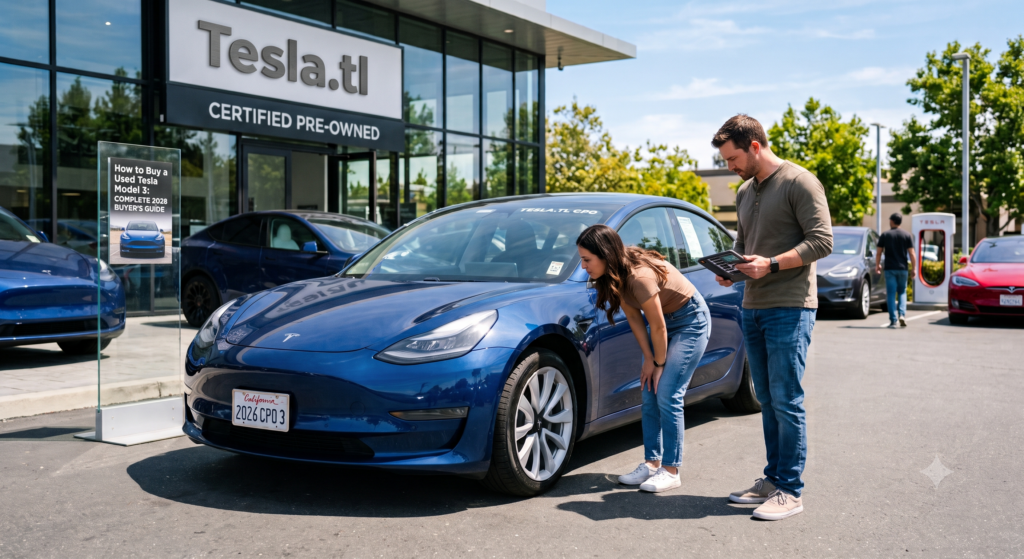 Couple inspecting a certified pre-owned blue Tesla Model 3 at the Tesla.tl dealership lot. A woman examines the front wheel while a sales associate with a tablet assists beside her. The Tesla.tl showroom with «CERTIFIED PRE-OWNED» signage and additional Tesla vehicles fills the background under bright sunlight