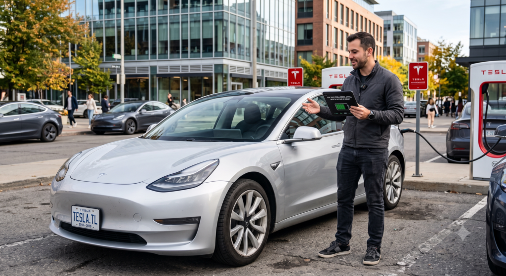Tesla.tl expert evaluating a silver 2018 Tesla Model 3 at an urban Supercharger station, answering the question «Is a 2018 Tesla Model 3 Still Worth Buying in 2026?» He holds a tablet displaying the guide title and a battery-health graphic while gesturing toward the sedan with a «TESLA.TL 2018-2026» license plate, with modern city buildings and additional Teslas charging in the background