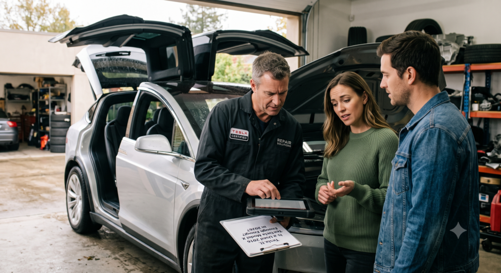 A silver used 2016 Tesla Model X with its falcon wing doors and rear hatch open sits in a Tesla.tl certified service garage, while a technician in a black uniform reviews a reliability checklist on a tablet with a concerned young couple