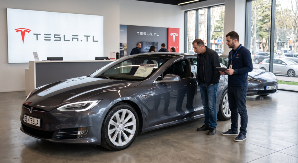 Buyer and Tesla.tl consultant reviewing a graphite-gray 2017 Tesla Model S inside the modern Tesla.tl showroom. The vehicle displays a detailed spec sheet on the windshield and a «GE TESLA» license plate, while the Tesla.tl logo and reception desk fill the bright, minimalist background