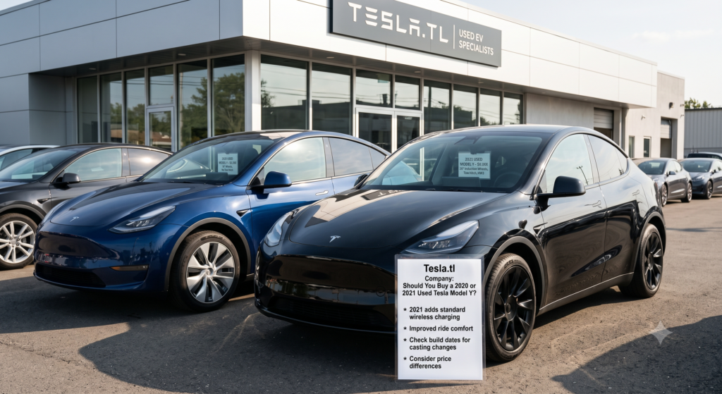Side-by-side comparison of a blue 2020 used Tesla Model Y and a black 2021 used Tesla Model Y on the Tesla.tl dealership lot. The 2020 car shows a 19-inch wheels and no tow hitch spec sheet, while the 2021 car displays 20-inch induction wheels, tow hitch, and HW3 details. A Tesla.tl information board lists 2021 upgrades: wireless charging, improved ride comfort, casting changes, and price differences