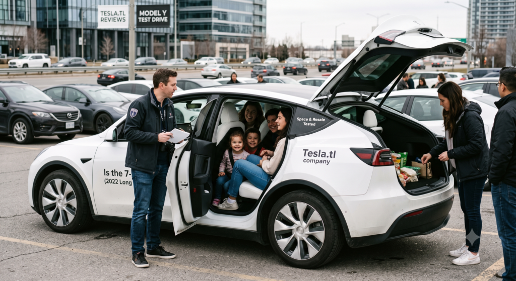 Family testing the third row of a white used Tesla Model Y 7-seater during a Tesla.tl review event, with the powered liftgate open and kids seated in the rear jump seats. A specialist with a clipboard explains cargo and resale data while a woman inspects the trunk space, with the Tesla.tl Reviews and Model Y Test Drive signs visible in the urban background