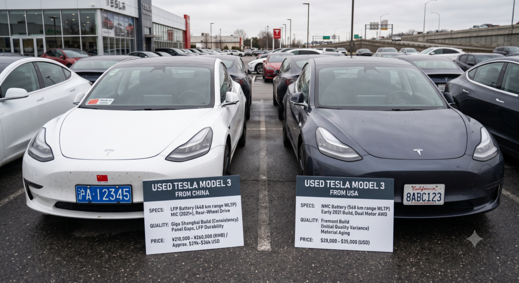 Side-by-side comparison of a white used Tesla Model 3 from China and a gray used Tesla Model 3 from USA on a wet dealership lot. The Chinese-built car displays an LFP battery spec sheet and Shanghai license plate, while the American-built car shows an NMC battery spec sheet and California plate, with a Tesla Service Center in the background