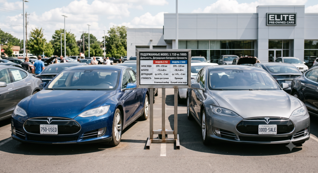 Two used Tesla Model S sedans --- a silver 75D and a midnight-silver 100D --- parked nose-to-nose on the Tesla.tl showroom floor. A service technician with a diagnostic tablet explains battery state-of-health and real-world range differences to a prospective buyer, while a battery-degradation chart glows on a wall-mounted display behind them