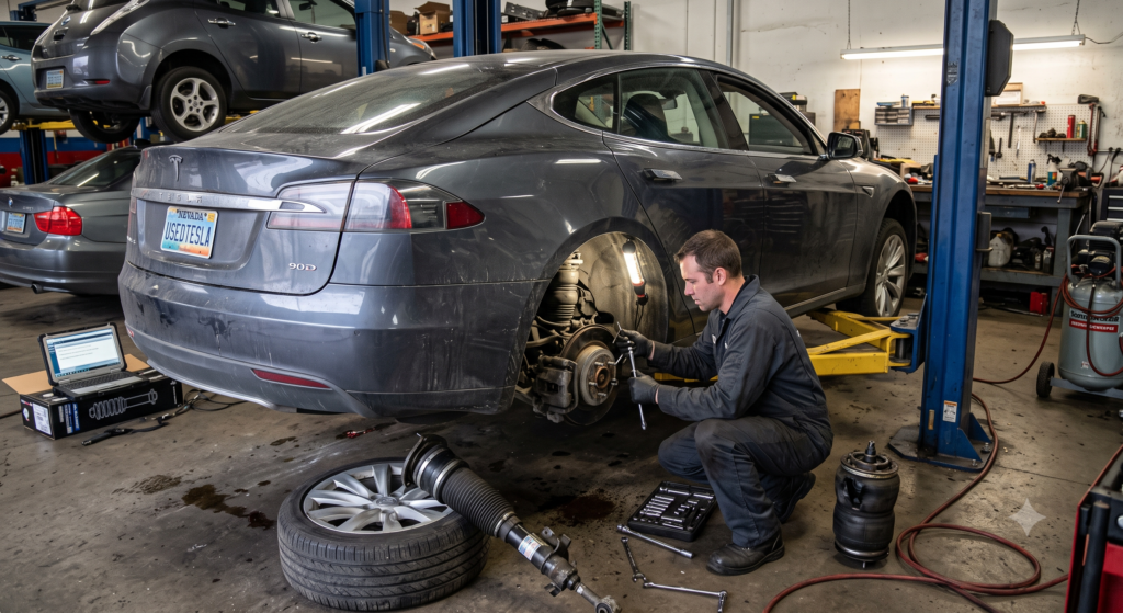 A dark-gray used Tesla Model S 90D sits in a Tesla.tl service bay with its rear wheel removed, while a mechanic in a dark jumpsuit inspects the exposed air suspension and brake assembly with a flashlight and socket wrench, a diagnostic laptop glowing with fault codes nearby