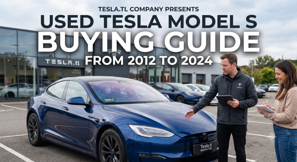 Tesla.tl specialist presenting a certified pre-owned blue Tesla Model S to a buyer on the dealership lot. The vehicle wears a «Tesla.tl Inspected» badge and windshield decal, while the modern Tesla.tl showroom and additional inventory fill the background beneath a cloudy sky
