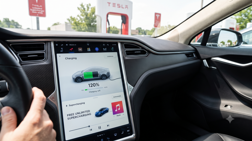 Interior view of a used Tesla Model S showing the large vertical touchscreen displaying the free unlimited Supercharging interface, with a Tesla Supercharger station visible through the windshield and the driver's hand resting on the leather-wrapped steering wheel
