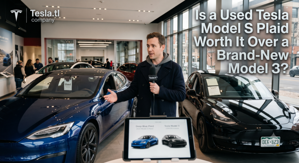 Tesla.tl presenter comparing a blue used Model S Plaid and a brand-new black Model 3 in the Tesla.tl Company showroom. He holds a branded microphone and gestures toward the Plaid while a tablet at his feet displays side-by-side vehicle images, with the headline asking whether the used flagship is worth it over the new compact sedan