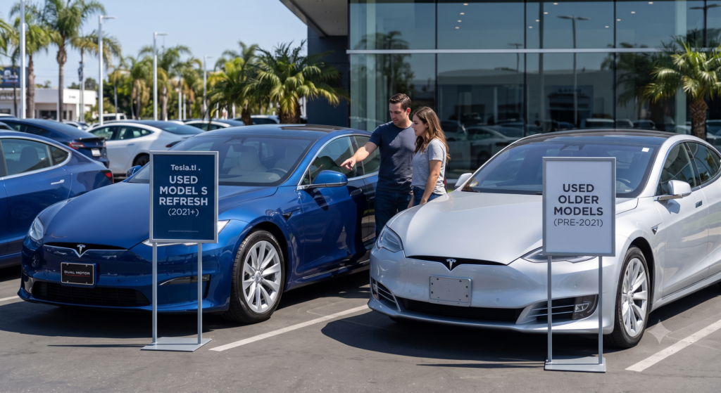 A blue used Tesla Model S Refresh (2021+) and a silver pre-2021 older Model S parked side by side at the Tesla.tl dealership lot, with a couple comparing the two variants next to branded signage under sunny palm-tree skies