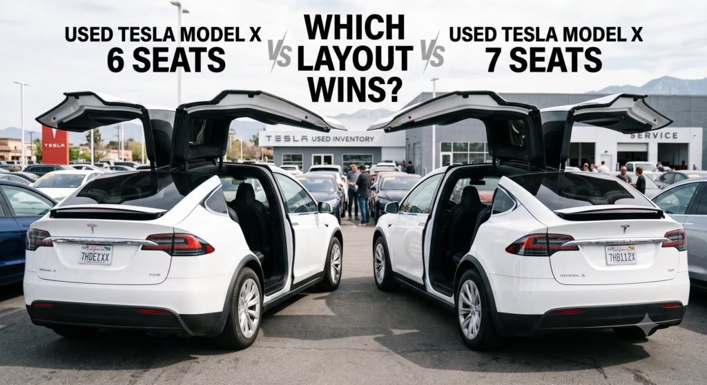 Two white used Tesla Model X SUVs parked side by side at the Tesla.tl dealership lot with their falcon wing doors raised, displaying the 6-seat and 7-seat interior layouts under a bright sky with mountains in the background