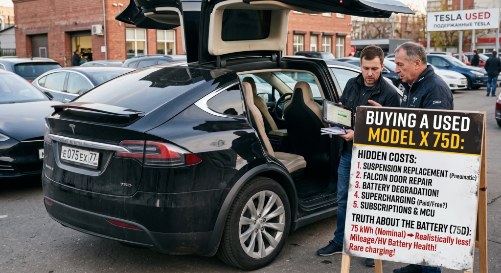 A black used Tesla Model X 75D with its falcon wing doors raised sits on the Tesla.tl outdoor lot, while two consultants review a diagnostic tablet next to a large A-frame sign listing hidden ownership costs and 75 kWh battery truths for prospective buyers