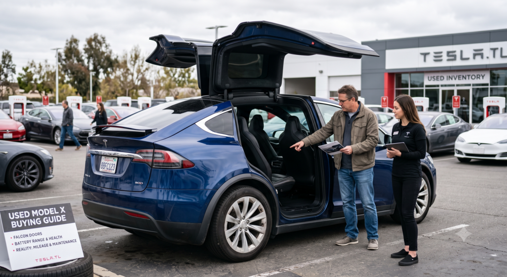 A blue used Tesla Model X 90D with its falcon wing doors raised sits on the Tesla.tl dealership lot, while a sales consultant with a tablet explains interior features and maintenance history to a prospective buyer, with a buyer's guide sign and Supercharger stations visible in the background