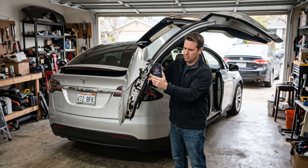 A silver used Tesla Model X sits in a cluttered home garage with its falcon wing door open, while a concerned owner holds a smartphone displaying a red falcon-door sensor warning alert next to the exposed door hinge and actuator mechanism