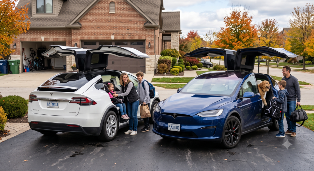 A white used Tesla Model X Long Range and a blue used Model X Plaid parked side by side in a suburban driveway with their falcon wing doors raised, as two families load children, a golden retriever, and gear into the SUVs on an autumn morning