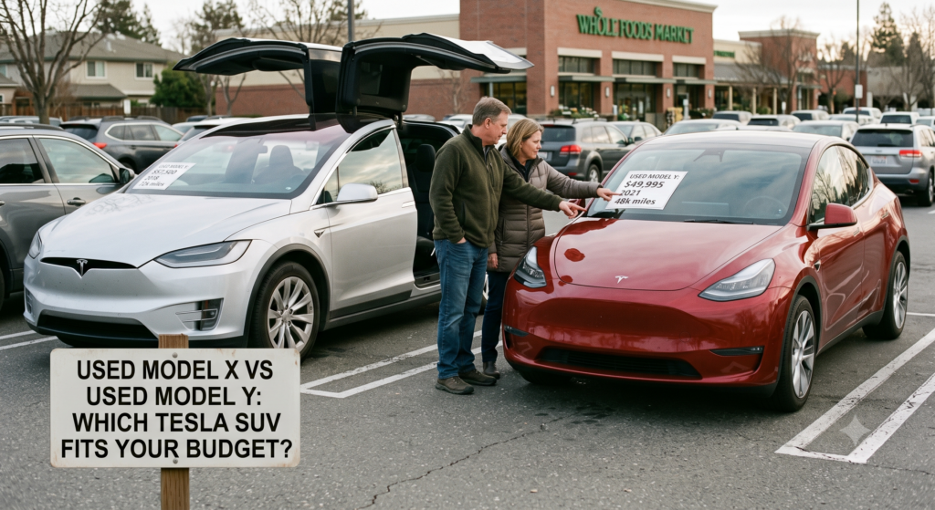 A silver used 2018 Tesla Model X with falcon wing doors raised and a red used 2021 Tesla Model Y parked side by side in a shopping plaza lot, while a couple compares price stickers on the windshields next to a budget-focused buyer's guide sign