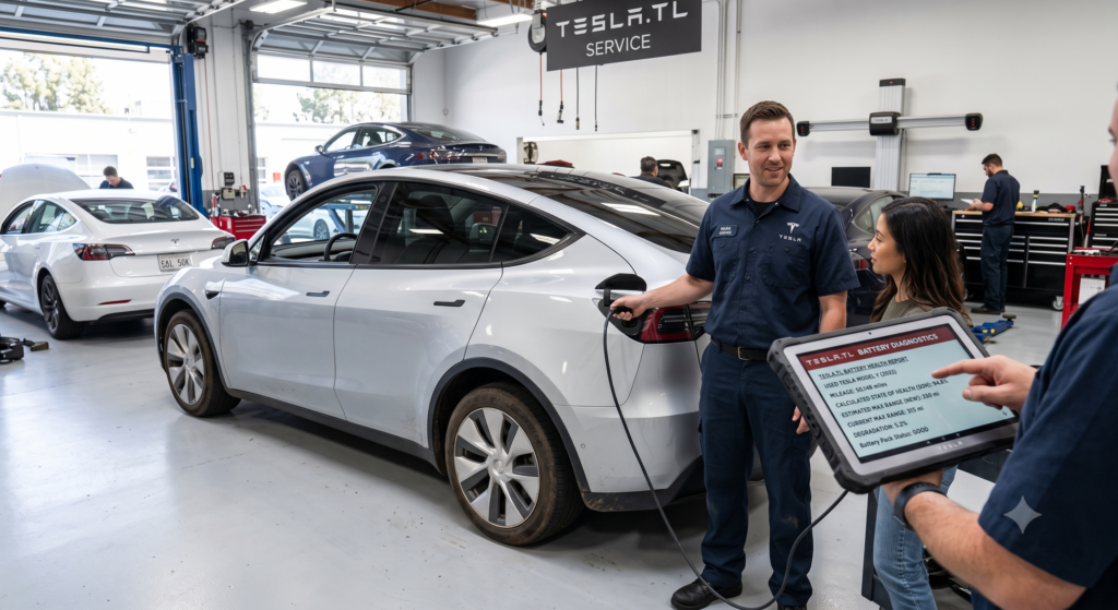 Tesla.tl Service technician running battery diagnostics on a silver used 2021 Tesla Model Y in a bright service bay. He connects a diagnostic cable to the charge port while a tablet in the foreground displays the Tesla.tl Battery Health Report showing 94.8% SOH, 50,148 miles, 5.2% degradation, and Good pack status, with other Teslas on lifts and tool cabinets in the background