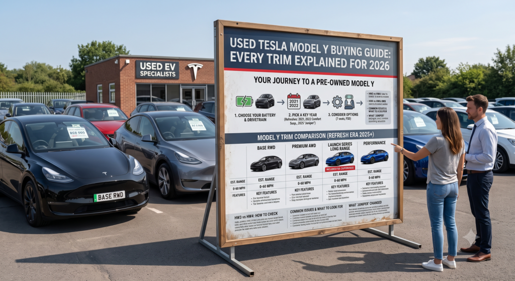 Couple studying the Used Tesla Model Y Buying Guide display board at a Tesla.tl dealership lot. The board explains every 2026 trim — Base RWD, Premium AWD, Launch Series Long Range, and Performance — alongside battery choices, key model years, FSD options, HW3 vs HW4 checks, and common issues. A black Base RWD Model Y and gray Premium AWD sit in the foreground