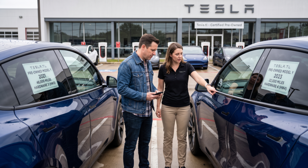 Buyer comparing two blue used Tesla Model Y SUVs at the Tesla.tl Certified Pre-Owned dealership — a 2021 HW3 model with 48,000 miles versus a 2023 HW4 model with 22,000 miles. A Tesla.tl specialist explains Autopilot hardware differences while the buyer checks details on his smartphone, with Supercharger stalls and the Tesla showroom in the background