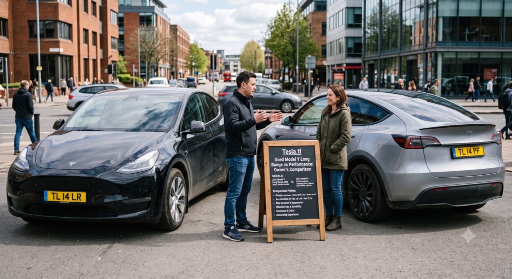 Two used Tesla Model Y SUVs — a black Long Range AWD and a gray Performance — parked on a UK city street for an owner's comparison. A man and woman discuss range, acceleration, and ownership costs beside a Tesla.tl chalkboard display, while pedestrians and brick buildings fill the background