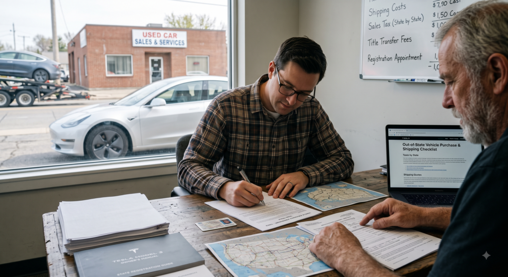 A buyer in a plaid shirt signs out-of-state purchase paperwork at a used car sales desk while an advisor reviews shipping and registration documents, with a white Tesla Model 3 visible through the window and a laptop displaying an out-of-state vehicle purchase checklist