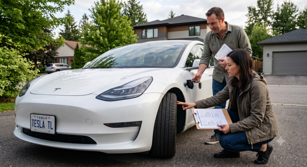 A white used Tesla Model 3 parked on a suburban driveway with a couple conducting a private-sale safety inspection --- the woman kneels to check front tire tread depth with a checklist while the man hands over the key fob and ownership documents