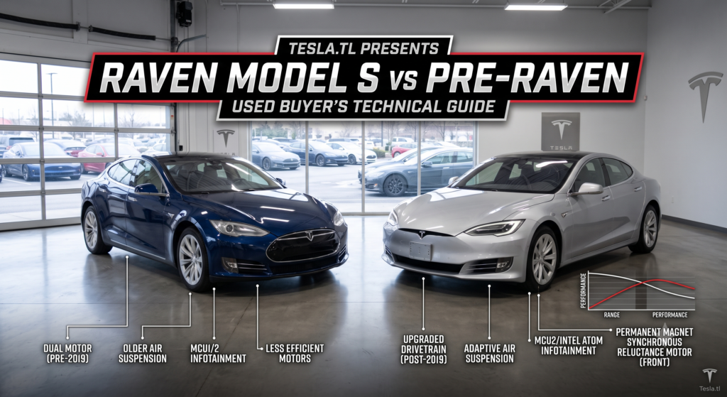 A dark-blue pre-Raven Tesla Model S and a silver Raven Model S face each other inside the bright Tesla.tl showroom, with technical callout labels highlighting drivetrain, suspension, infotainment, and motor differences between the pre-2019 and post-2019 variants