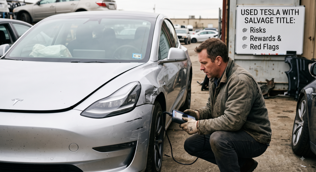 A damaged silver Tesla Model 3 with a salvage title sits in a vehicle recovery yard showing a crumpled front left fender, while an inspector in work gloves connects a diagnostic scanner to the charging port to assess hidden battery and electrical damage