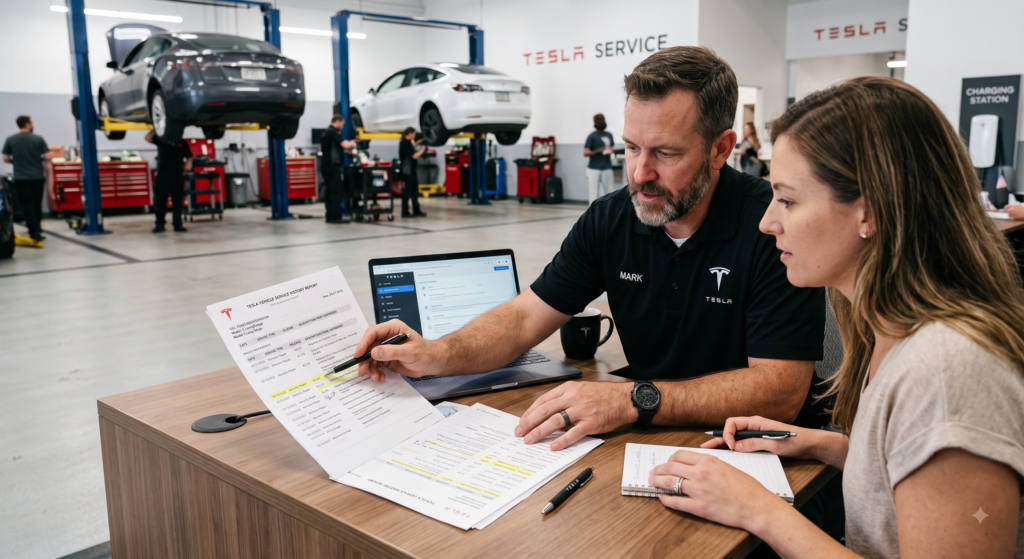 A Tesla service advisor named Mark reviews a detailed Vehicle Service History Report with a female customer at a Tesla service desk, with service bays and vehicles on lifts visible in the background
