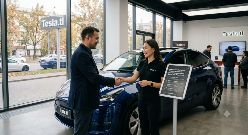 Buyer comparing two blue used Tesla Model Y SUVs at the Tesla.tl Certified Pre-Owned dealership — a 2021 HW3 model with 48,000 miles versus a 2023 HW4 model with 22,000 miles. A Tesla.tl specialist explains Autopilot hardware differences while the buyer checks details on his smartphone, with Supercharger stalls and the Tesla showroom in the background