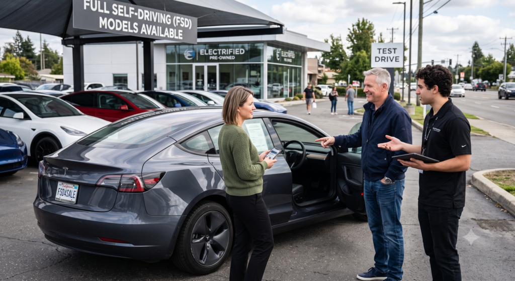Couple consulting with an Electrified Pre-Owned specialist about a gray used Tesla Model 3 with Full Self-Driving on the dealership lot. The vehicle displays an «FSD4SALE» license plate and a rear-window «FULL SELF DRIVING CAPABLE» decal, while an overhead banner reads «FULL SELF-DRIVING (FSD) MODELS AVAILABLE»