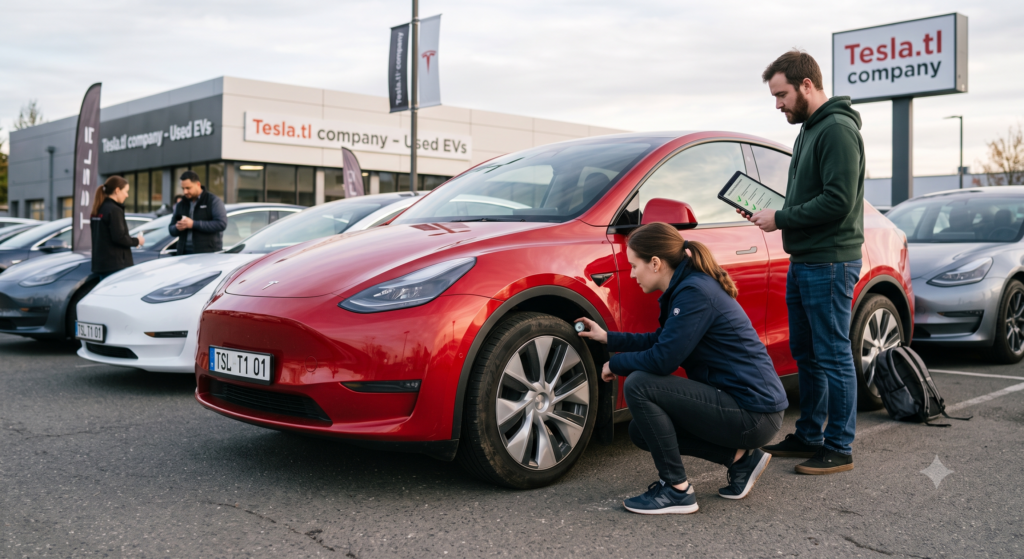 First-time buyer and Tesla.tl specialist inspecting a red used Tesla Model Y on the dealership lot. The specialist crouches to check front tire tread depth with a gauge while the buyer holds a tablet displaying a seven-point inspection checklist, with the Tesla.tl Used EVs showroom and additional inventory in the background