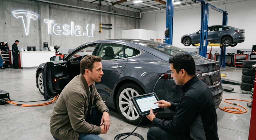 A Tesla.tl certified technician shows battery health diagnostic data on a tablet to a prospective buyer next to a dark gray used Tesla Model S plugged into an orange charging cable inside the Tesla.tl service bay