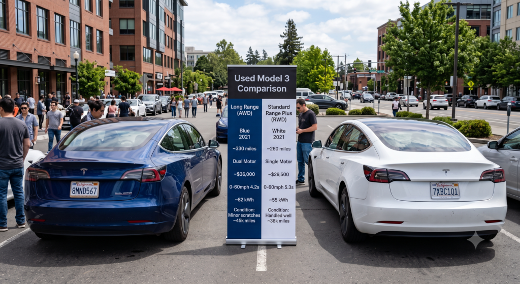 Two used Tesla Model 3 sedans — a pearl-white Long Range and a deep-blue Standard Range Plus — lined up side by side on the Tesla.tl dealership lot. A sales consultant with a tablet explains real-world range and drivetrain differences to a couple, while the modern Tesla.tl showroom and Supercharger stations fill the background under bright daylight