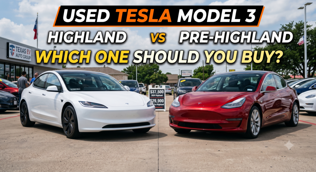 Side-by-side comparison of a white used Tesla Model 3 Highland and a red pre-Highland at the Tesla.tl dealership lot. A price board displays $37,500 for the 2024 Highland and $29,900 for the pre-Highland, while the Texas EV Auto Group showroom and American flags fill the background under a partly cloudy sky