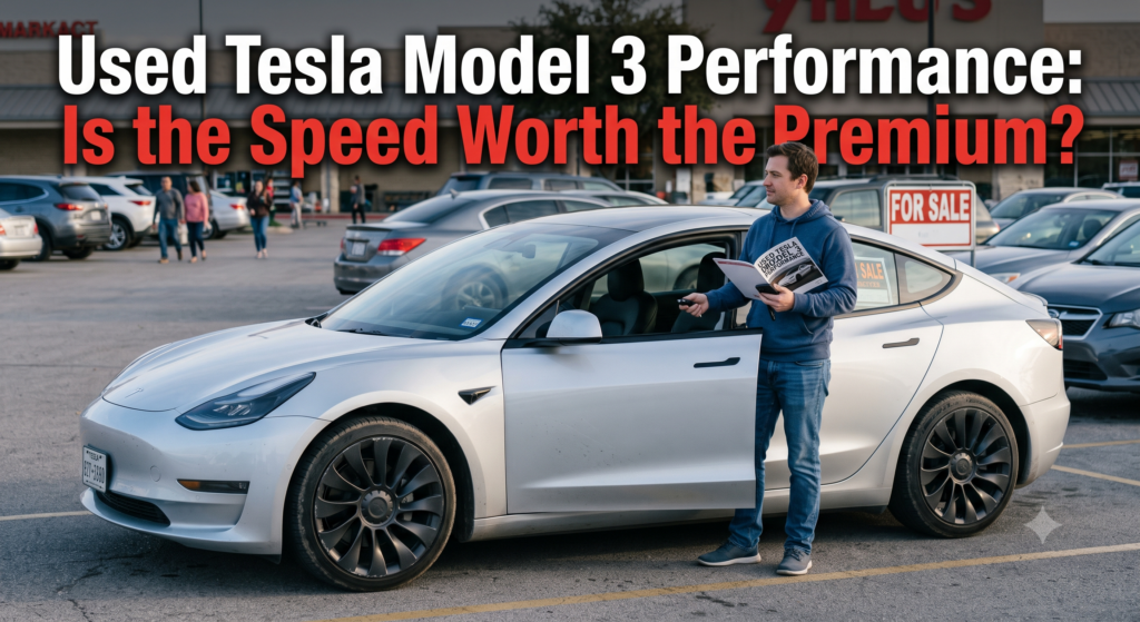 Prospective buyer evaluating a silver used Tesla Model 3 Performance on a dealership lot, holding a brochure titled «Used Tesla Model 3 Performance» while standing beside the open driver's door. A «FOR SALE» sign and tire-shop storefront fill the background under late-afternoon light